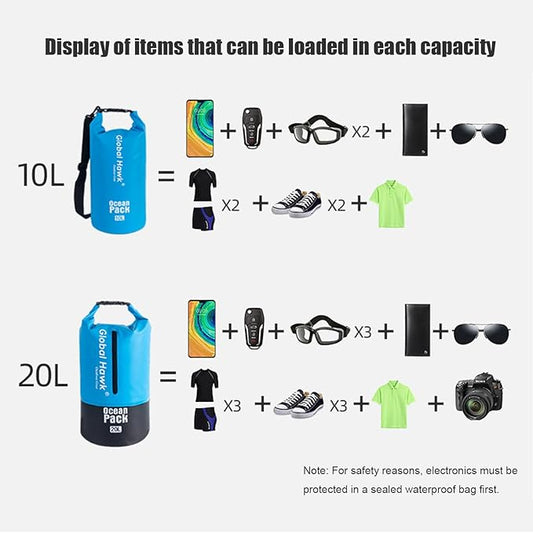 Waterproof Dry Bags: 10L, 20L Sizes - Ideal for Kayaking, Fishing, Rafting, and More! Adjustable Strap for Ultimate Convenience. Stay Dry While Adventuring (Blue, 10L)