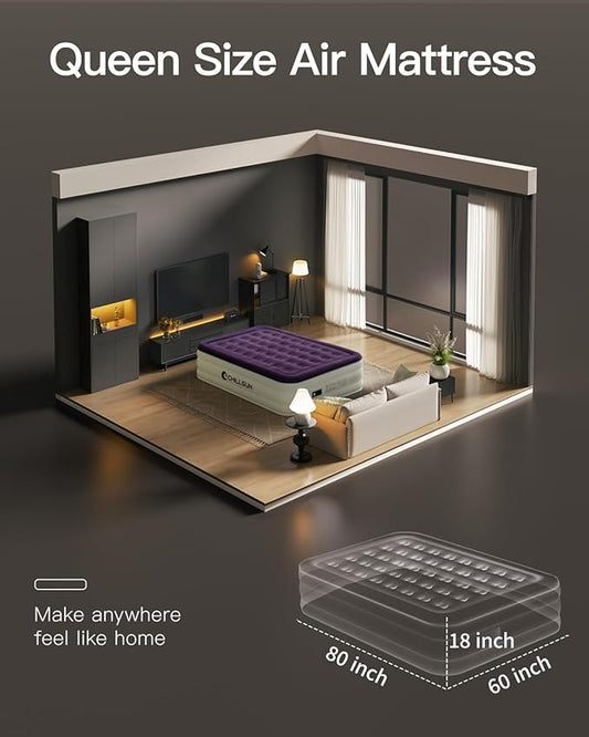 CHILLSUN Queen Air Mattress with Built in Pump, 2025 Upgraded Blow Up Mattress, 18" Luxury Flocked Top Airbed, Inflatable Mattress for Camping Guests and Home 650 lbs Max