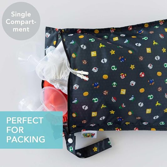 Bumkins Waterproof Wet Bag for Baby, Travel, Swim Suit, Cloth Diapers, Pump Parts, Pool, Beach, Gym Clothes, Toiletry, Hook to Stroller, Daycare, Zipper Reusable Wetdry Packing, Nintendo Super Mario