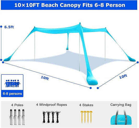 COMMOUDS Beach Tent Sun Shelter - UPF50+ Pop Up Beach Canopy with Sandbags & Sand Shovel & Windproof Poles, Portable Sun Shade for Beach, Camping, Picnics, Backyard