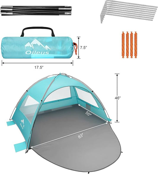 Oileus Beach Tent 2-3 Person Portable Sun Shade Shelter UV Protection, Extended Floor Ventilating Mesh Roll Up Windows Carrying Bag Stakes 6 Sand Pockets Fishing Hiking Camping, Sky Blue