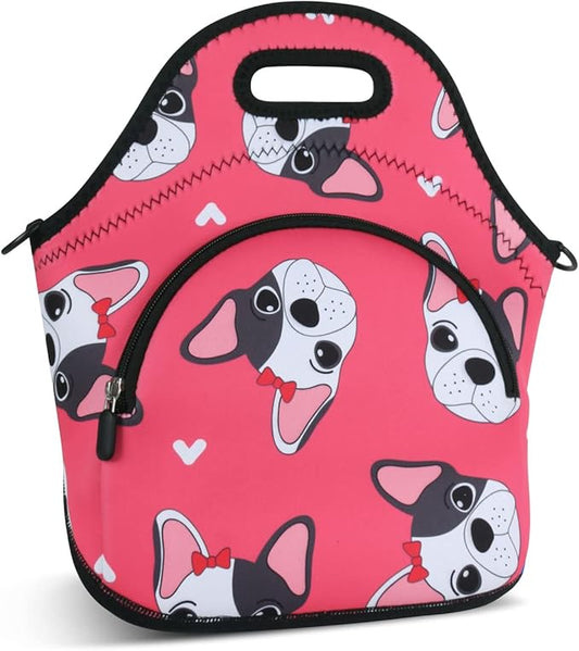 Violet Mist Neoprene Lunch Bag Reusable Insulated Lunch Box with Adjustable Shoulder Strap&Pocket for Women,Men,Adults,Cute Cartoon Dog Pink Snack Bags Anime Animal Work Picnic Travel Food Handbags