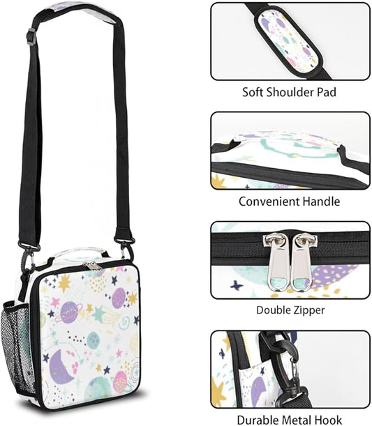 Space Lunch Box for Kids, Cartoon Space Planet Lunch Bag for Boys Girls, Reusable Insulated Waterproof Lunch Box with Adjustable Shoulder Strap Thermal Cooler Tote Bag for School Daycare Picnic