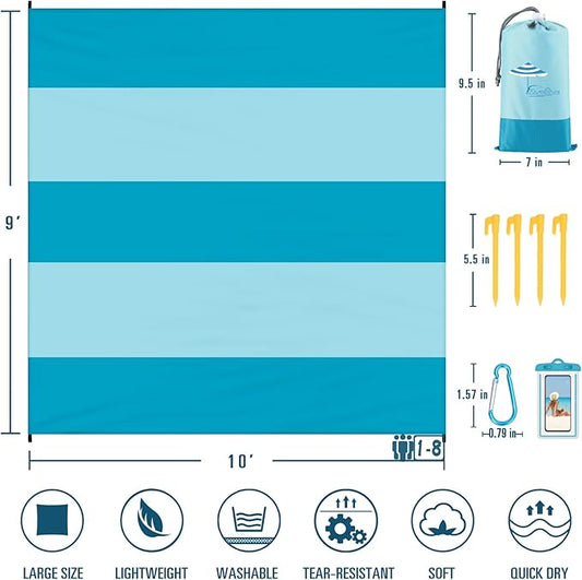 Beach Blanket Sandproof Waterproof 10'×9' 1-8 Adults Oversized,Compact Lightweight Durable Beach Mat for Travel Camping Hiking Picnic Blanket