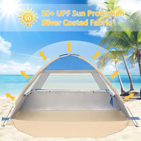 Gorich Beach Tent Sun Shelter for 3/4-5/6-7/8-10 Person with UPF 50+ UV Protection, Lightweight & Easy Setup Beach Shade Canopy, Portable Beach Shade Tent Beach Cabana