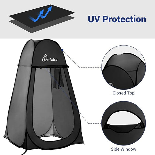 WolfWise Portable Pop Up Privacy Shower Tent, Spacious Changing Room, Dressing Room, Sun Sunshade Canopy Outdoor Rain Shelter, Backpack Privacy Shelters for Camping, Hiking, Beach, Toilet, Large Black