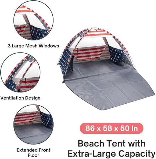 American Flag Portable Beach Tent Anti UV for 3-4 Person – Premium Beach Tent Sun Shelter with 3 Large Mesh Windows – Shade Tent for Camping Essentials - Beach Essentials for Women & Men (Easy Set up)