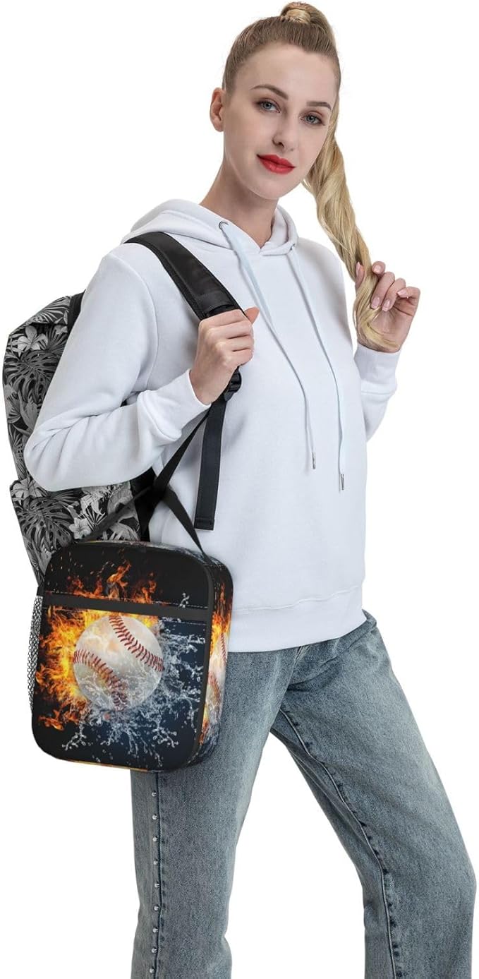 White Baseball Stitches Lunch Box,Cool Fire Water Sport Lunch Bag Sport Insulated for Men Women, Portable Kids Lunch Bag Reusable Baseball Cooler lunchbox for School Work Travel