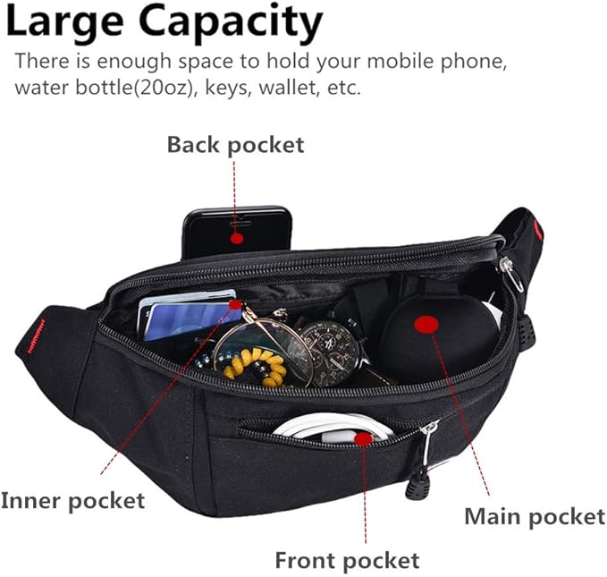2 Packs Fanny Packs for Men and Women, Water Resistant Sports Waist Pack Bag Hip Bum Bag for Travel Hiking Running (Black + Light Blue)
