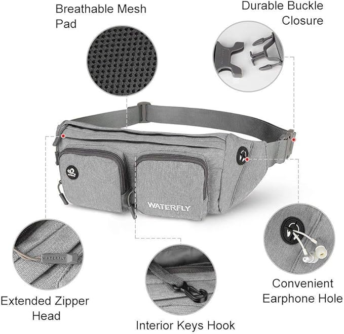 WATERFLY Fanny Pack Waist Bag: Travel Hip Pouch Bum Bag Plus Size Crossbody Fannie Pack Adjustable Belt Waistpack Phanny Fannypack for Man Woman Hiking Walking Jogging