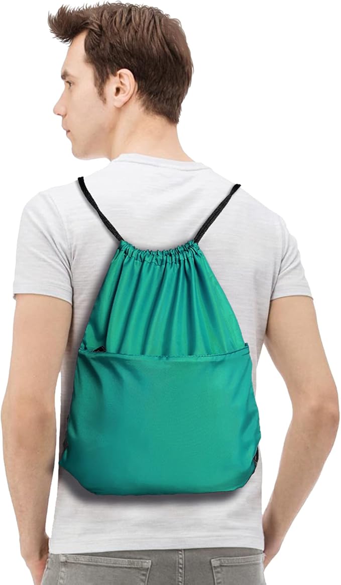 BuyAgain Drawstring Backpack Sports Water Resistant String Bag Sport Gym Sackpack for Women Men Students Large Size with Zipper, Teal