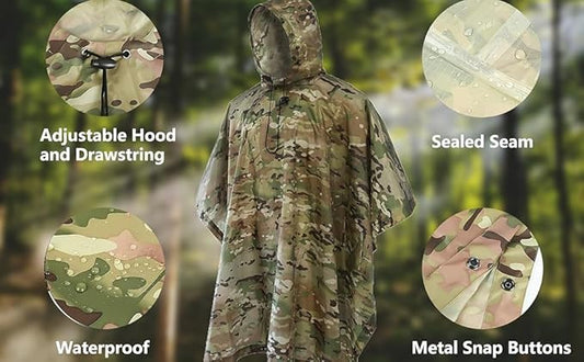 Camo Rain Poncho, Multi Use Waterproof Rain Coat