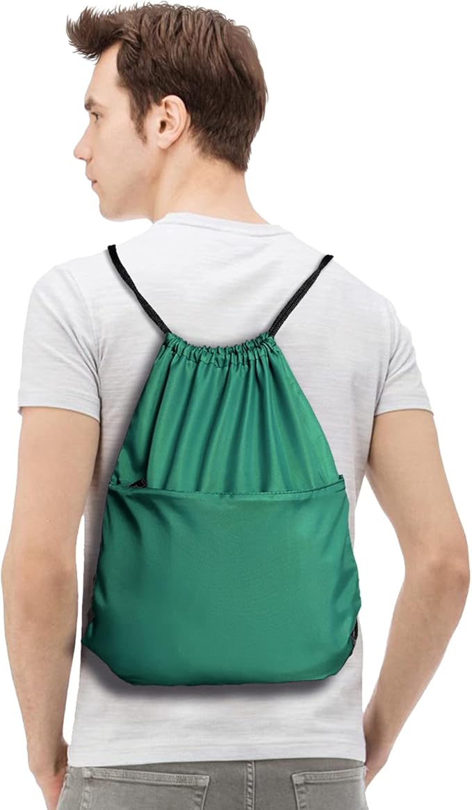BuyAgain Drawstring Backpack Sports Water Resistant String Bag Sport Gym Sackpack for Women Men Large with Zipper (Hunter Green)