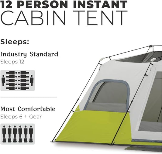 CORE Instant Cabin Tents | 6 Person / 9 Person / 10 Person / 12 Person Family Cabin Multi Room Pop Up Tents Car Camping | Included Storage Pockets for Camping Accessories