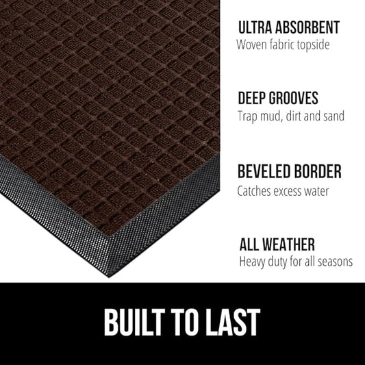 GORILLA GRIP 100% Waterproof All-Season WeatherMax Doormat, 23x35, Durable Natural Rubber, Stain and Fade Resistant, Low Profile, Indoor Outdoor Door Mats, Easy Clean Patio Entry Mat, Coffee Squares