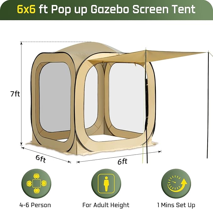6x6 FT Pop Up Screen Tent - Instant Screened Gazebo Canopy with Mosquito Net, Portable Backyard Tent for 4-6 People, Easy Setup Patio Shelter for Camping, BBQ, Sports & Outdoor Activities
