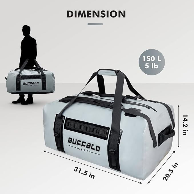 Buffalo Gear 150L Waterproof Duffel Bag Large Adventure Bag Heavy Duty Duffle Dry Bag for Travel, Waterproof Duffle Backpack for Boating Motorcycle Camping Kayaking