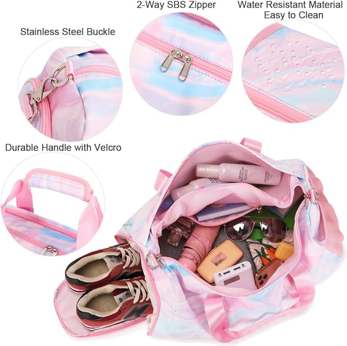 Travel Duffle Bag for Girls - Water Resistant Overnight Weekend Carry On Sports Gym Dance Bag with Shoe Compartment