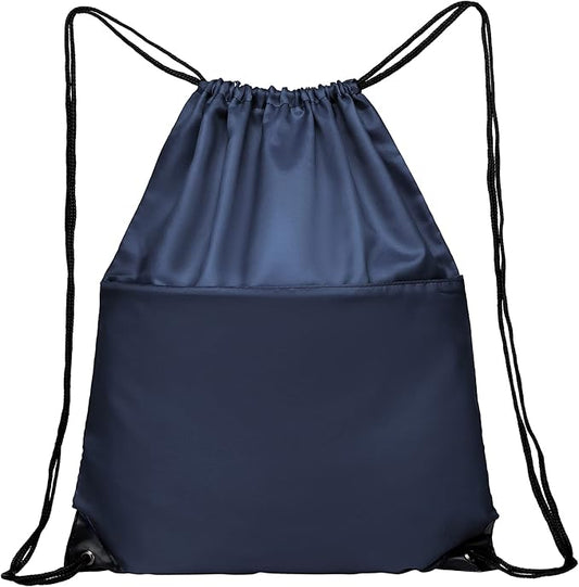 BuyAgain Drawstring Backpack Sports Water Resistant String Bag Sport Gym Sackpack for Women Men Large with Zipper, Navy