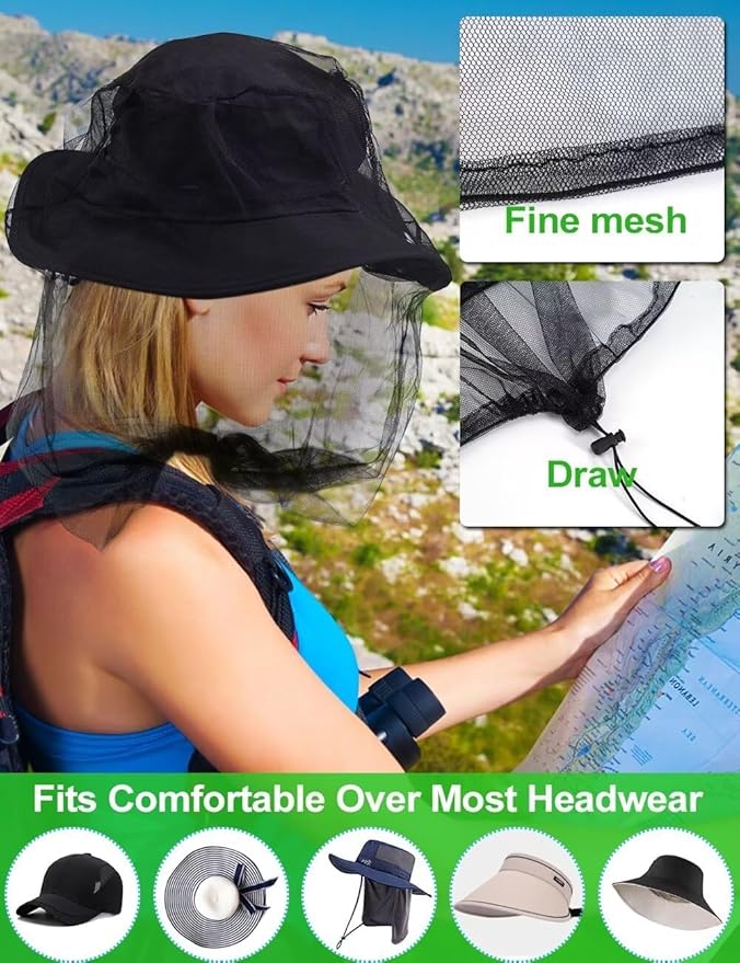 wohohoho Mosquito Head Net Mesh with Drawstring, Bug Face Netting for Hats, Mesh Face Shield for Men & Women Beekeeper Net Mask Protection for Midges, Bugs & Gnats (2 Packs, Mix Colors, Updated Size)
