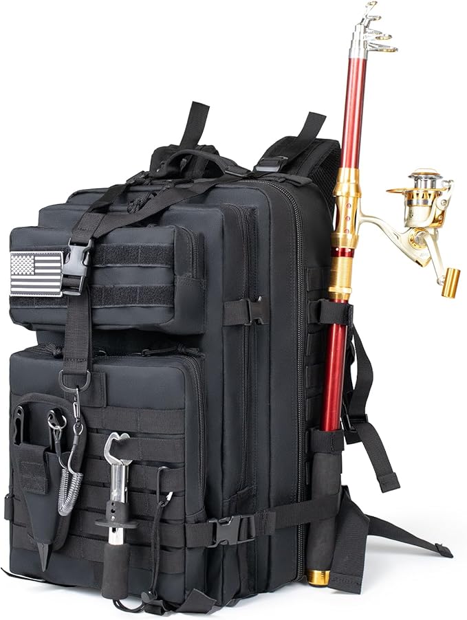 45l Large Fishing Tackle Backpack with Removable Plier Holder & Rod Holders, Black Tactical Bag, Fishing Gear and Tackle Box Organizer, Hiking Rucksack without Tackle Box