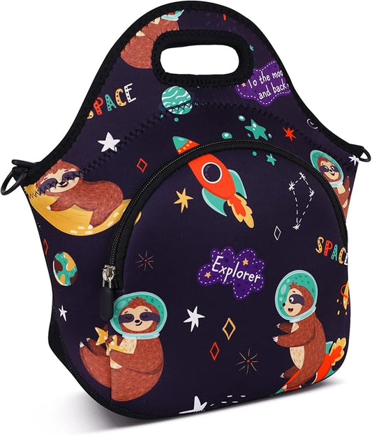 Violet Mist Neoprene Lunch Bag Insulated Lunch Bag Tote Cute Large Thermal Lunchbags with Pocket Detachable Adjustable Shoulder Strap Lunchbox Food Handbags Gifts for Women Men Adult, Space Sloth