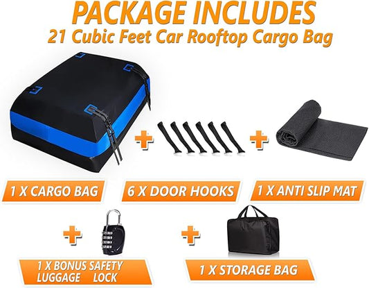 Zone Tech 21 Cubic Feet Car Rooftop Cargo Bag Carrier Soft Shell Waterproof Protective Tear and Dust Resistant Includes 6 Hooks, Anti Slip Mat, Bonus Safety Luggage Lock