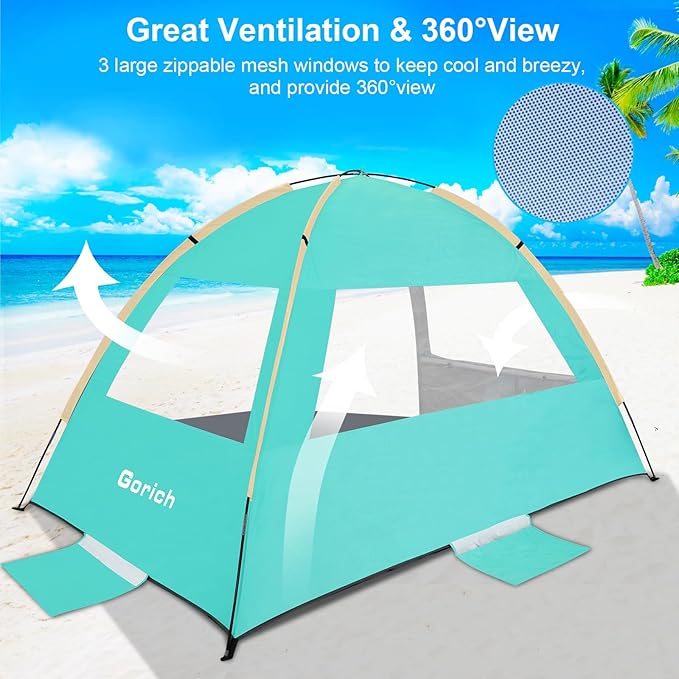 Gorich Beach Tent Sun Shelter for 3/4-5/6-7/8-10 Person with UPF 50+ UV Protection, Lightweight & Easy Setup Beach Shade Canopy, Portable Beach Shade Tent Beach Cabana