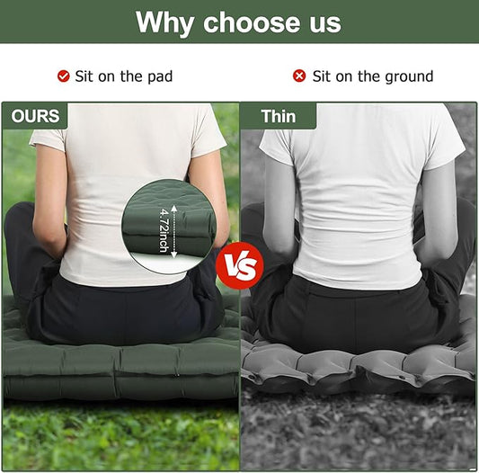 Sleeping Pad for Camping, Ultralight 4.7" Extra-Thick Inflatable Camping Mat with Pillow Built-in Foot Pump, Compact Lightweight Air Mattress for Backpacking Hiking Car travel Tent, Military Green