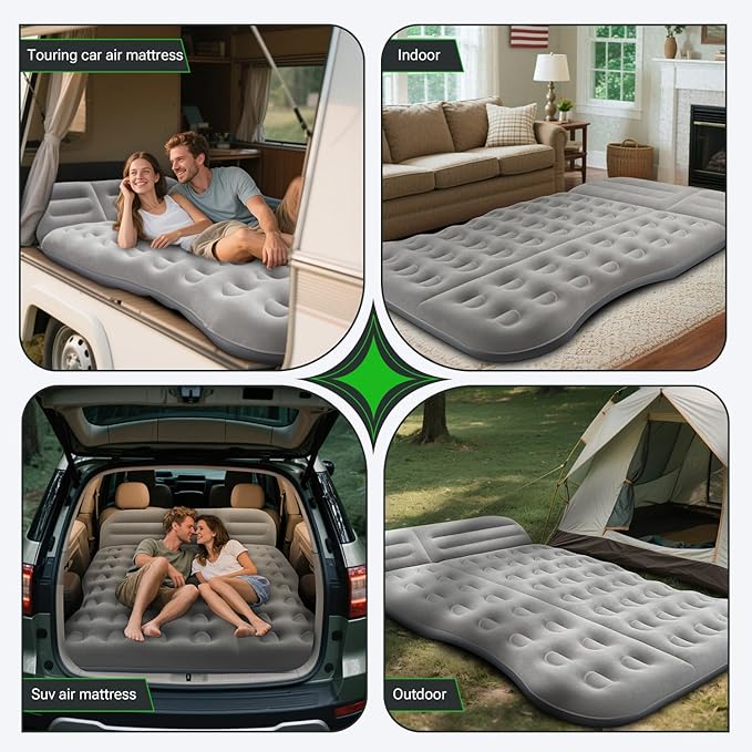 SUV Air Mattress, Thickened Flocked Camping Bed for Car Trunk & Back Seat , Includes Electric Pump & 2 Foot Pedals , Portable Inflatable car Mattress (Gray)