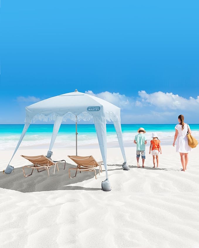 OutdoorMaster Beach Cabana with Fringes, Portable 6' x 6' Beach Canopy for Sand, Easy Set Up Sun Shelter, Included Side Wall, UPF 50+ UV Protection Sun Umbrella - for Family & Friends -Wave Point