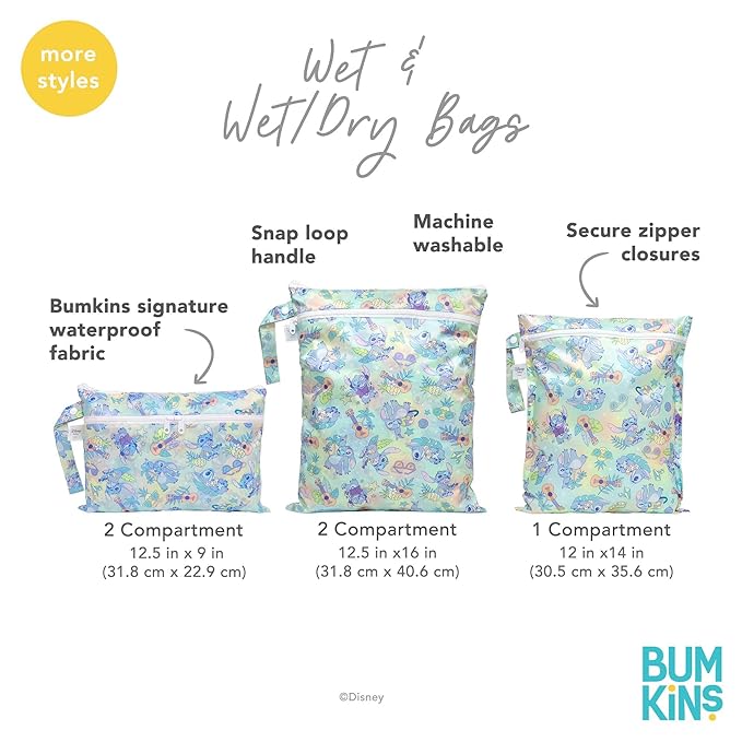 Bumkins Disney Waterproof Wet Dry Bag for Baby, Travel, Swimsuit, Cloth Diapers, Pump Parts, Pool, Beach, Gym Clothes, Toiletry, Hook to Stroller, Daycare, Zipper Reusable Wetdry Packing, Aloha Stitch