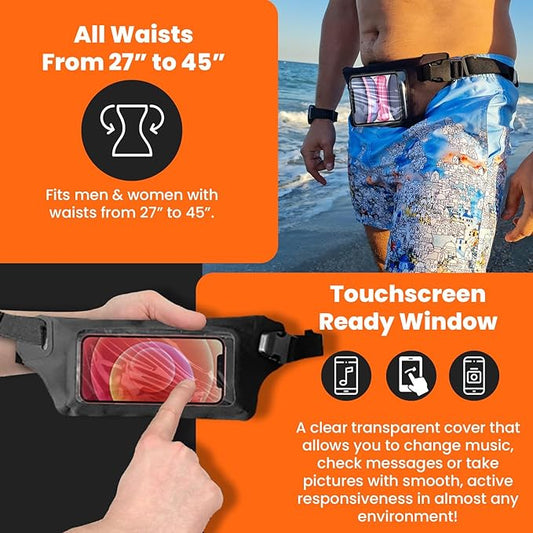 Ultimate Black Waterproof Running & Swimming Belt - Essentials Holder for Gym, Beach, Kayaking, Ski - Fits iPhone, Samsung - Touchscreen IPX8 Dry Waist Bag Pouch - Adventure-Ready Performance