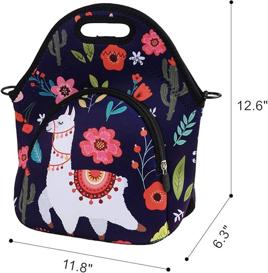 Violet Mist Neoprene Lunch Bag Reusable Insulated Cartoon Alpaca Snack Bags, 12.6"L x 11.8"H x 6.10"W, Adjustable Shoulder Strap, Waterproof, Eco-Friendly