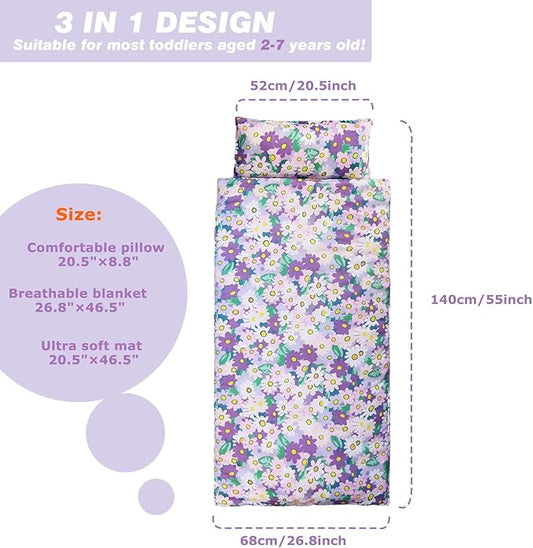 Toddlers Nap Mat with Removable Pillow and Soft Blanket, Lightweight Daycare Preschool Kindergarten Sleeping Bag, Travel Slumber for Kids Girls Boys