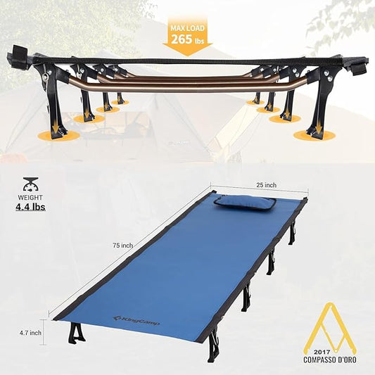 KingCamp Ultralight Camping Cot, Portable Folding Cots 265lbs Heavy Duty Sleeping Bed with Pad Pillow for Adults Outdoor Backpacking Travel Hiking, Blue/Black