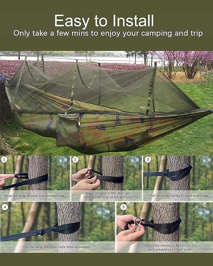 Camping Hammock with Mosquito Net - Ultra Lightweight Durable Double/Single Travel Hammock 210T Parachute Nylon with Tree Straps 660lbs Capacity for Garden Camping Backpacking, Camo