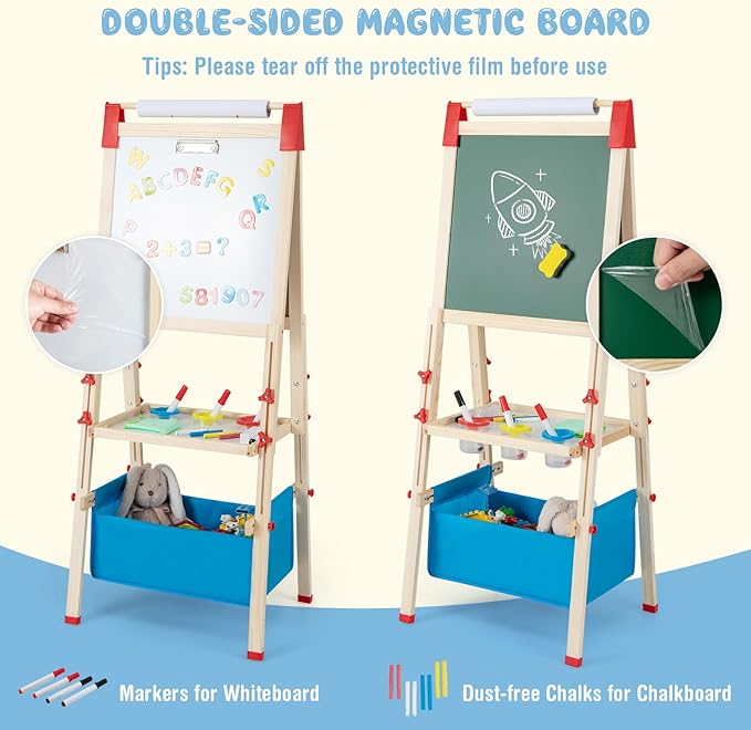 HONEY JOY Easel for Kids, Wooden Height Adjustable Double-Sided Toddler Easel w/Magnetic Chalkboard & White Board, Paper Roll, 60+ Painting Accessories, Magnetic Letters, Art Easel for Boys Girls