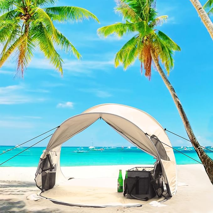 WolfWise UPF 50+ Easy Pop Up 3-4 Person Beach Tent Sport Umbrella Instant Sun Shelter Tent Sun Shade Canopy, Beige