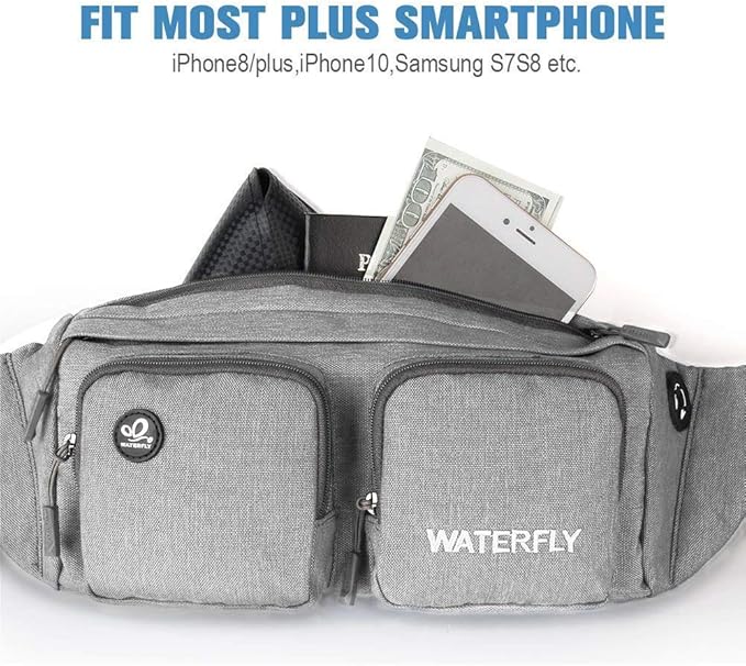WATERFLY Fanny Pack Waist Bag: Travel Hip Pouch Bum Bag Plus Size Crossbody Fannie Pack Adjustable Belt Waistpack Phanny Fannypack for Man Woman Hiking Walking Jogging