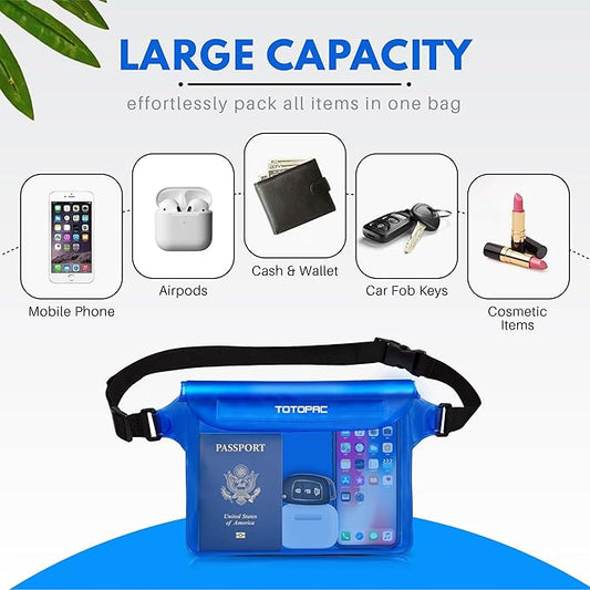 2-Pack Waterproof Fanny Pack, Phone Pouch with Waist Strap, 9x6.7 Inch Dry Bag for Phone, Cash, and Valuables – for Swimming, Kayaking, Boating, Snorkeling, and Water Sports (2, Blue + White)