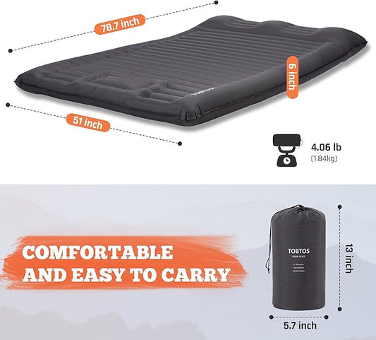 TOBTOS Double Sleeping Pad for Camping, Extra Thick 6" Camping Mattress 2 Person with Pillow Built-in Foot Pump, Inflatable Sleeping Mat for Camp, Backpacking, Hiking, Traveling