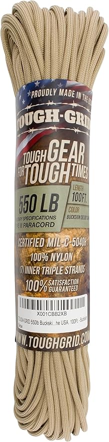 TOUGH-GRID Premium Buckskin Paracord 550 lbs Made in USA Outdoor Survival Nylon Rope Tactical Heavy Duty Strands Parachute Cord Used by US Military Type III Mil-Spec