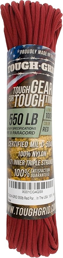 TOUGH-GRID Premium Red Paracord 550 lbs Made in USA Outdoor Survival Nylon Rope Tactical Heavy Duty Strands Parachute Cord Used by US Military Type III Mil-Spec