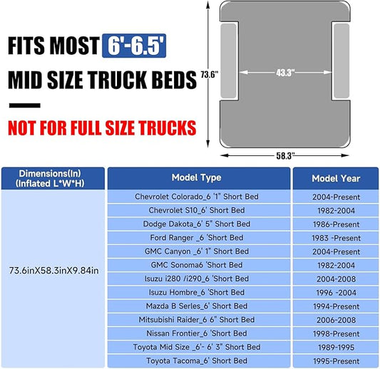 Umbrauto Air Mattress for 6-6.5ft Midsize Short Truck Beds, Inflatable Airbed with Pump for Mid Size Pickup, Pick Up Bed Air Mattress for Truck Tent Camping