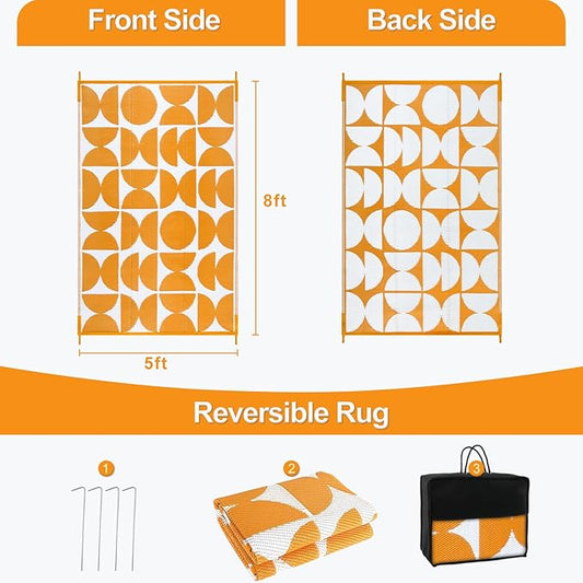 Wonnitar Waterproof Outdoor Rug 5x8, Reversible Plastic Straw RV Rug for Camping, Outside Patio Area Rug, Indoor Outdoor Portable Mat for Picnic Backyard Balcony Deck Decor (Orange,5'x8')