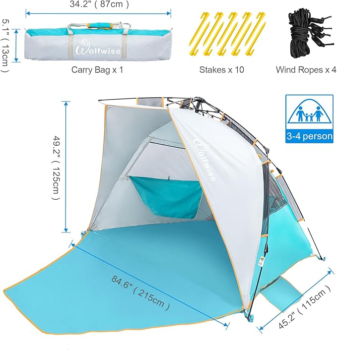 WolfWise 3-4 Person Easy Up Beach Tent UPF 50+ Portable Instant Sun Shelter Canopy Umbrella with Extended Zippered Porch, Blue