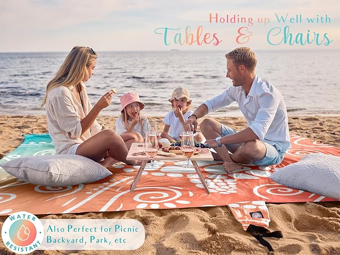 WEKAPO Beach Blanket Waterproof Sandproof Oversized Extra Large Sand Free Beach Mat with Stakes, Storage Bag - Essentials for Outdoor Beach, Picnic (Sea Turtle, 8 X 7 FT (1~4 Person))