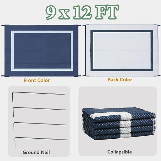 Ogrmar 9x12 FT Reversible Mats, Outdoor Rug for Patio Clearance, Waterproof Carpet, Plastic Straw Rug for Indoor Outdoor, Floor Mat&Rug for RV Porch Camping Backyard Deck Balcony Beach Trailer (Blue)