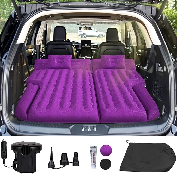 Umbrauto SUV Camping Air Mattress Bed for Mid-to-Full Size SUVs, Inflatable Car Sleeping Airbed for Fold-Down Backseat Back Trunk, with Air Pump, Pillows and Carry Bag